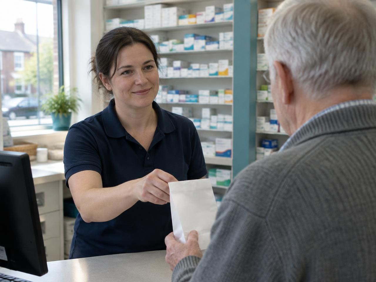 Pharmacist handing a prescription bag to a patient at the counter