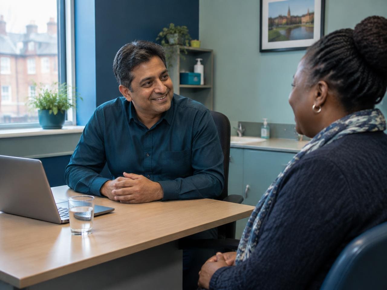 Pharmacist speaking with a patient in a private consultation room