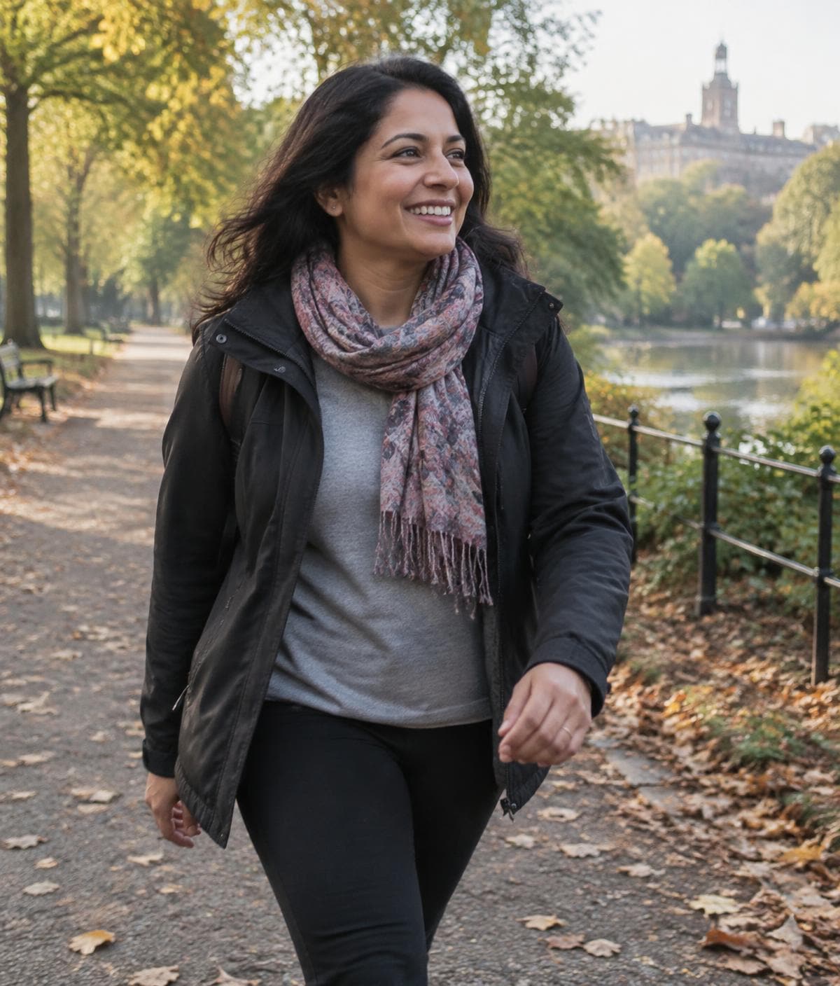 Woman smiling on a walk in a Nottingham park